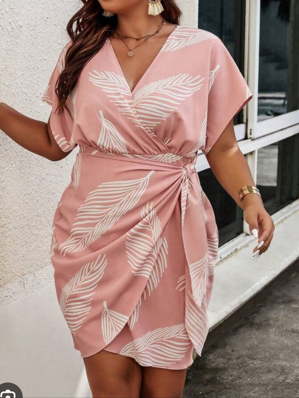 Dusty Pink Leaf-Print Wrap Mini Dress